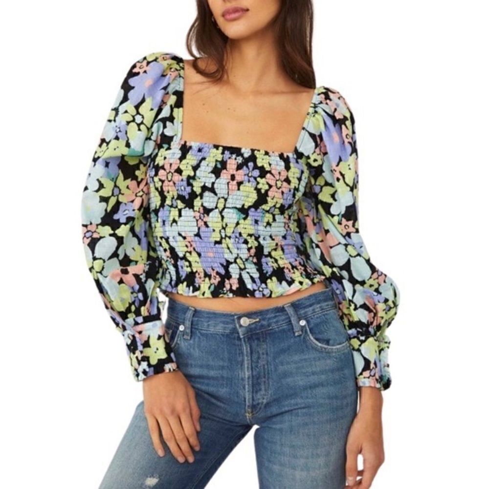 Free People Floral Puff-Sleeve Top - L - NWOT - Picture 2 of 7